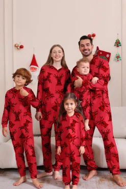 Elk Print Vermelho Combinando Natal One Piece Pijamas