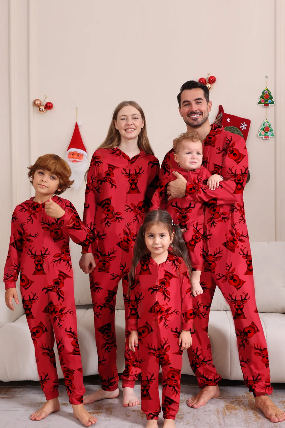 Elk Print Vermelho Combinando Natal One Piece Pijamas