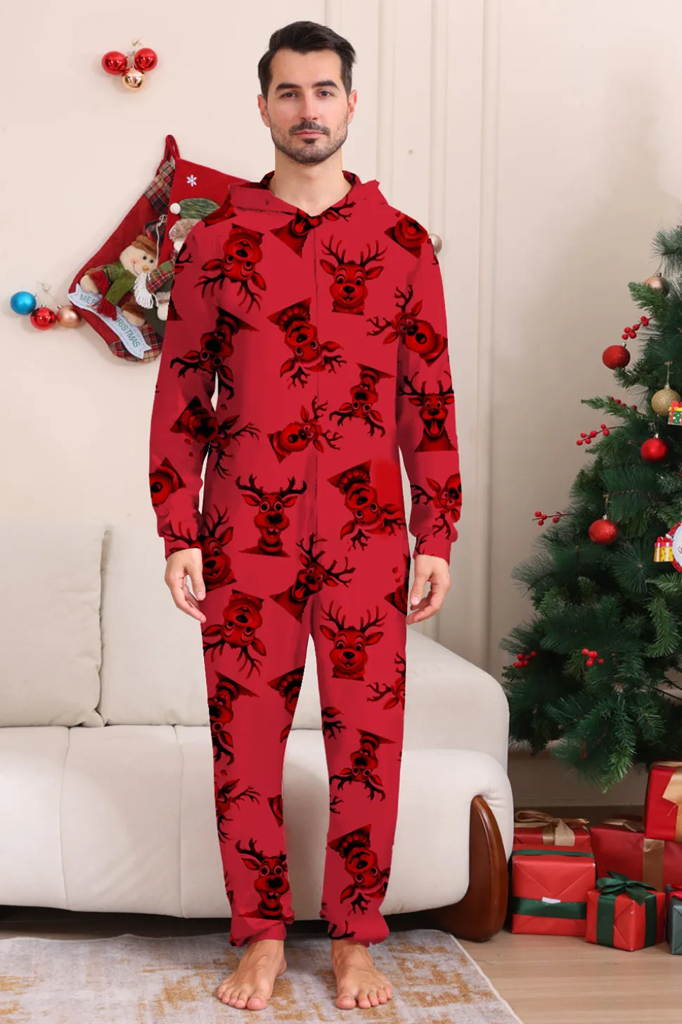 Elk Print Vermelho Combinando Natal One Piece Pijamas
