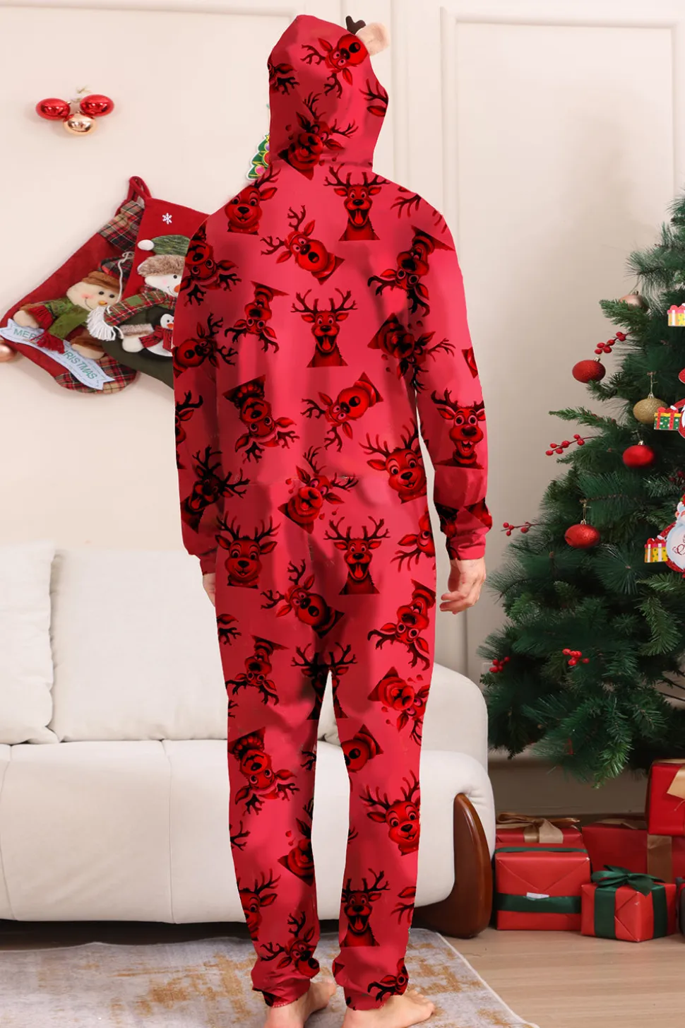 Elk Print Vermelho Combinando Natal One Piece Pijamas