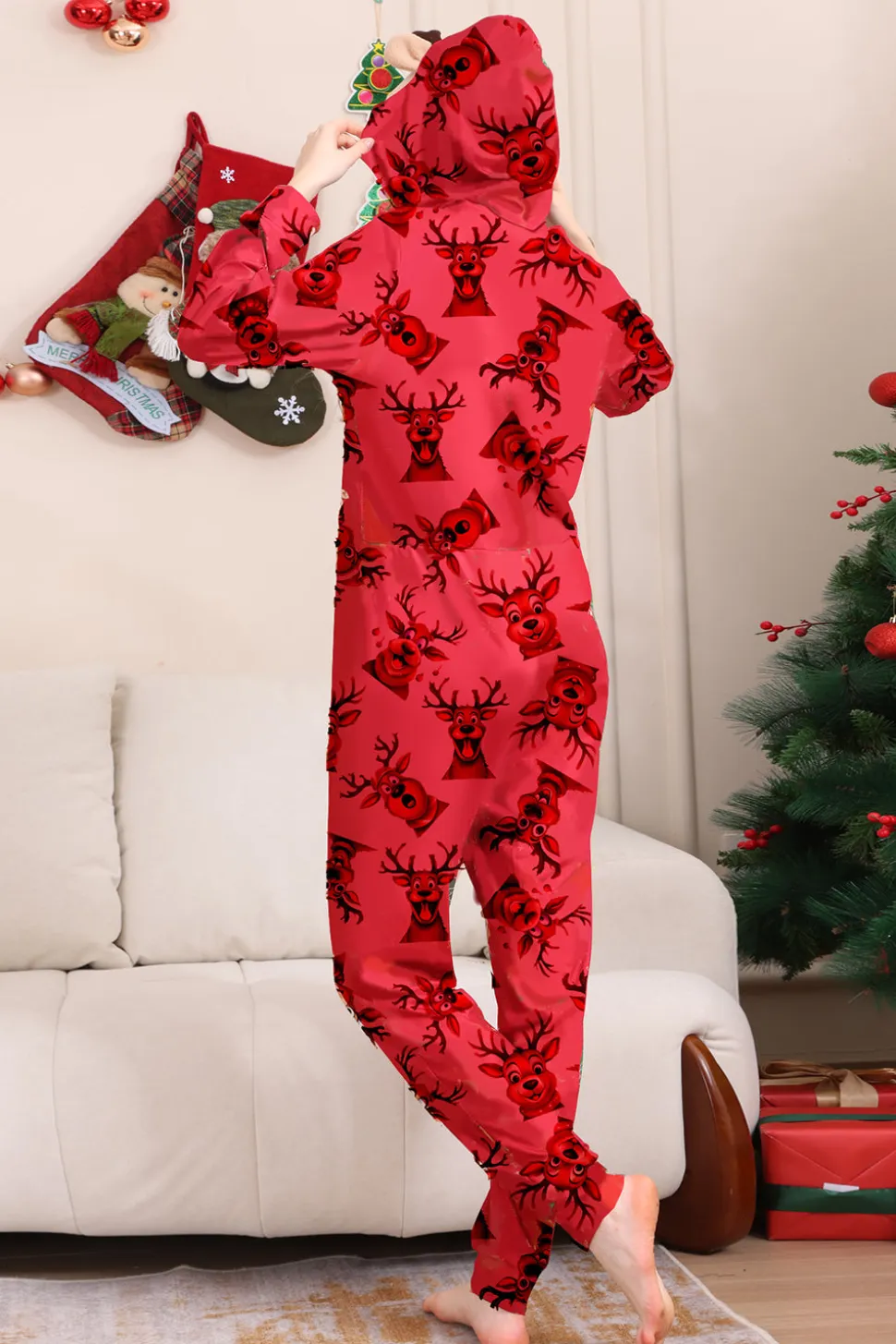 Elk Print Vermelho Combinando Natal One Piece Pijamas