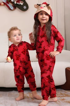 Elk Print Vermelho Combinando Natal One Piece Pijamas