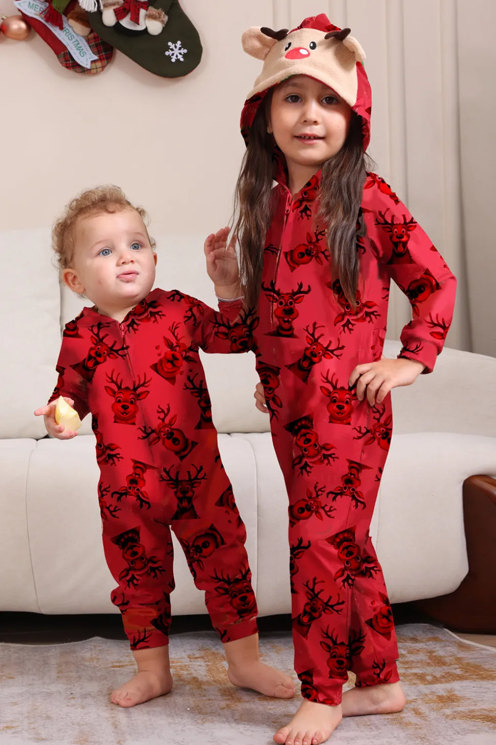 Elk Print Vermelho Combinando Natal One Piece Pijamas