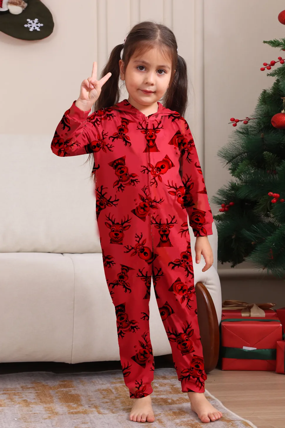 Elk Print Vermelho Combinando Natal One Piece Pijamas