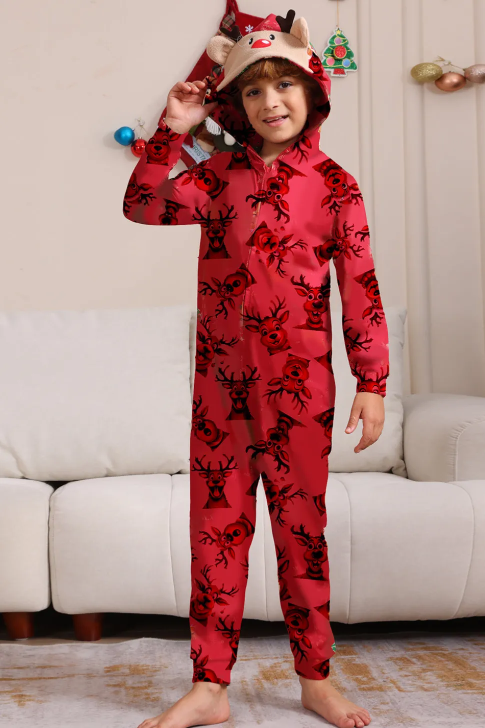 Elk Print Vermelho Combinando Natal One Piece Pijamas