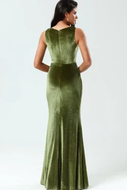 Encantador romântico sereia pescoço quadrado azeitona longo vestido de dama de honra com fenda