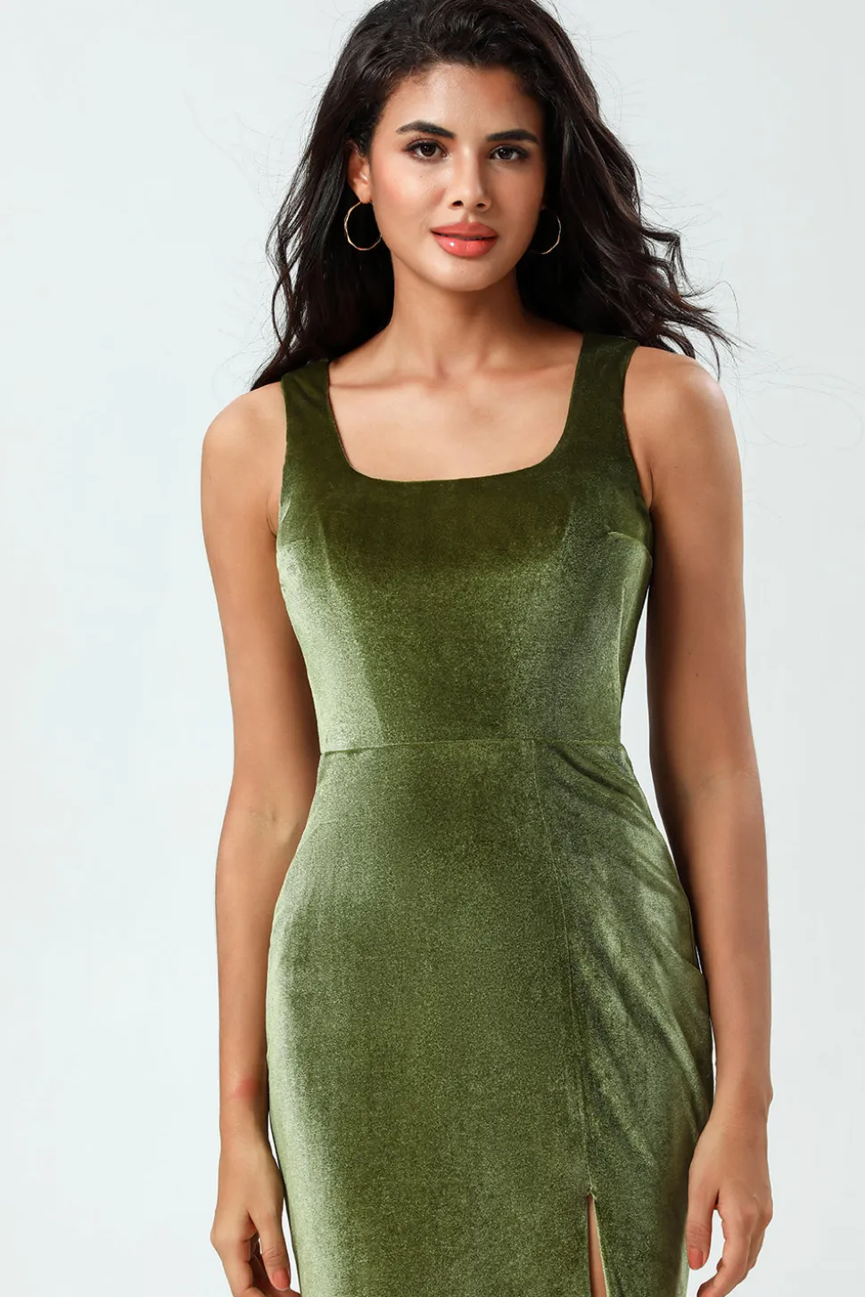 Encantador romântico sereia pescoço quadrado azeitona longo vestido de dama de honra com fenda