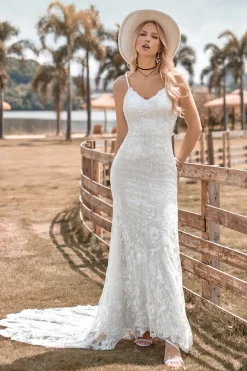 Encantador Sereia Esparguete Correias Renda Marfim Vestido de Noiva com Sweep Train