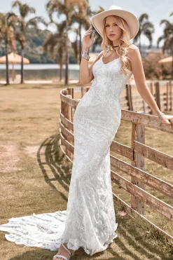 Encantador Sereia Esparguete Correias Renda Marfim Vestido de Noiva com Sweep Train