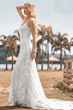 Encantador Sereia Esparguete Correias Renda Marfim Vestido de Noiva com Sweep Train