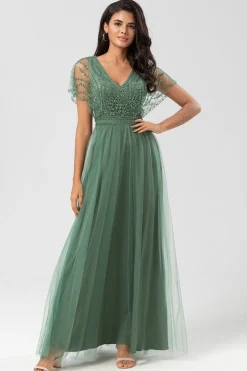 Epítome do Romance A-Line V Pescoço Eucalipto Vestido Longo Madrinha com Missangas