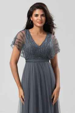 Epítome do Romance A-Line V Pescoço Eucalipto Vestido Longo Madrinha com Missangas