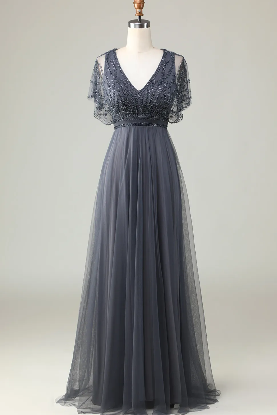 Epítome do Romance A-Line V Pescoço Eucalipto Vestido Longo Madrinha com Missangas