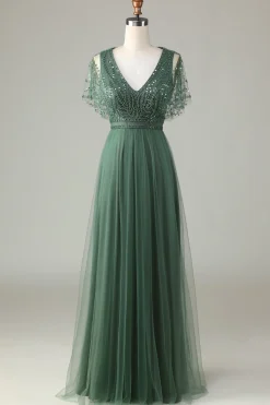 Epítome do Romance A-Line V Pescoço Eucalipto Vestido Longo Madrinha com Missangas