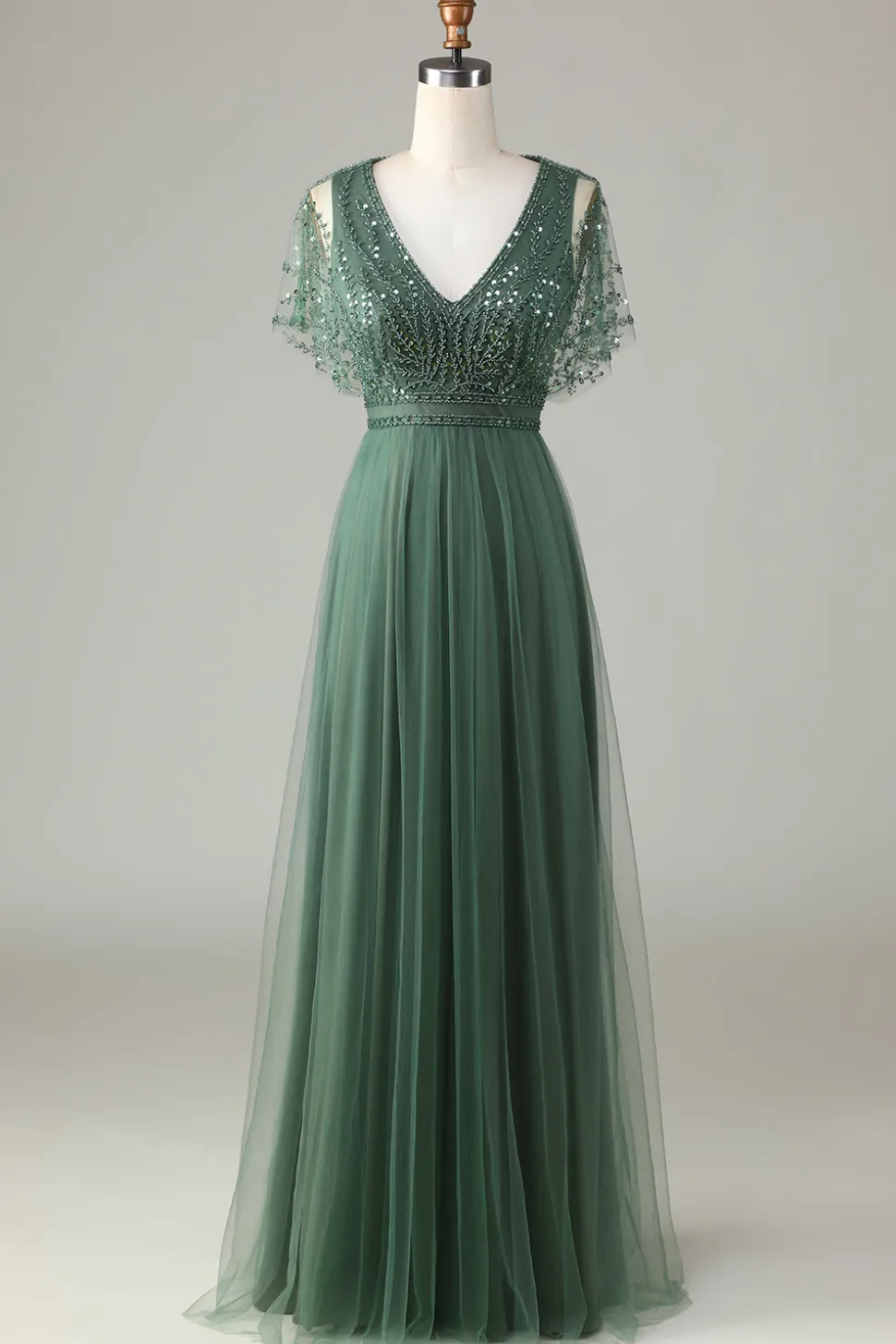 Epítome do Romance A-Line V Pescoço Eucalipto Vestido Longo Madrinha com Missangas
