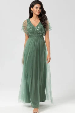 Epítome do Romance A-Line V Pescoço Eucalipto Vestido Longo Madrinha com Missangas