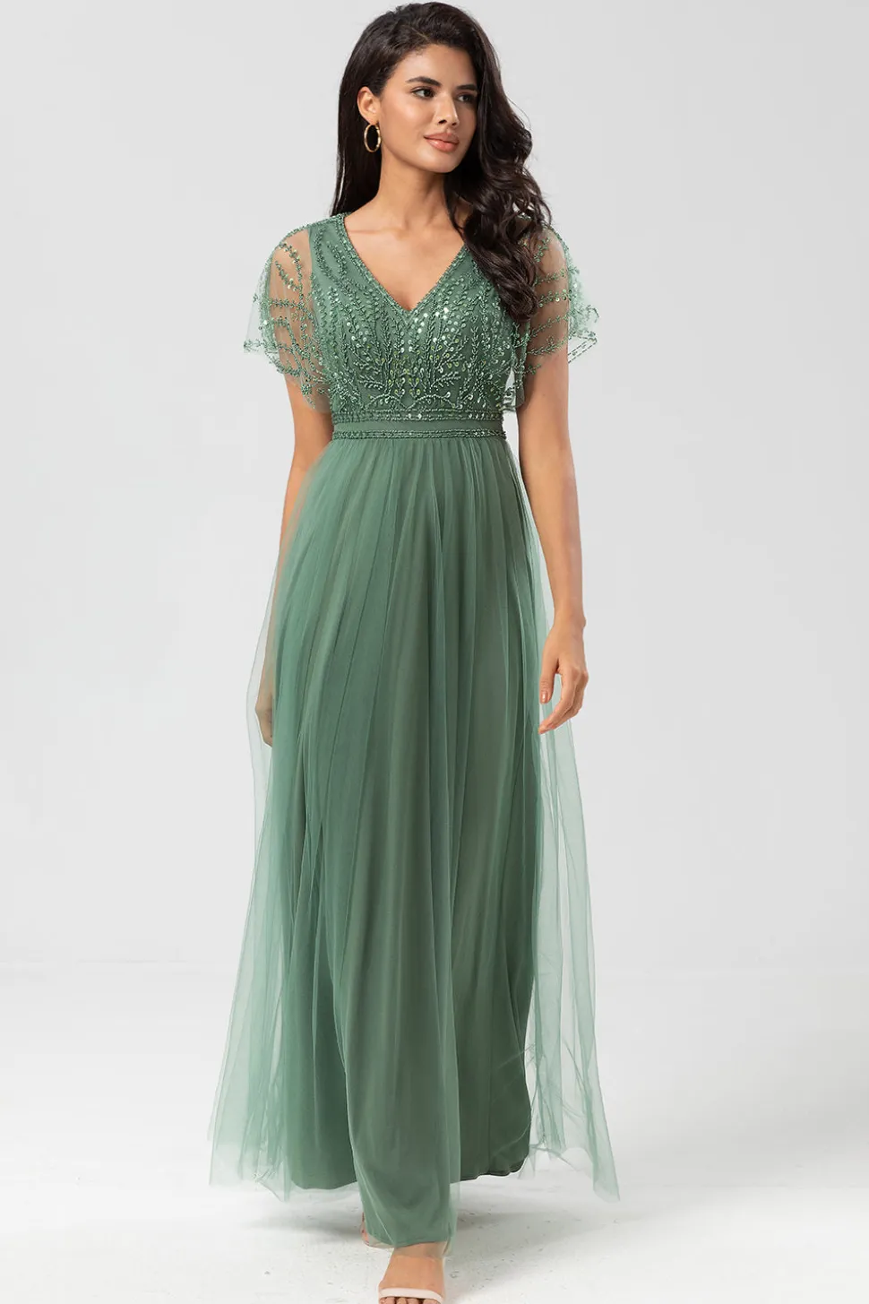 Epítome do Romance A-Line V Pescoço Eucalipto Vestido Longo Madrinha com Missangas