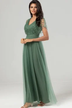 Epítome do Romance A-Line V Pescoço Eucalipto Vestido Longo Madrinha com Missangas