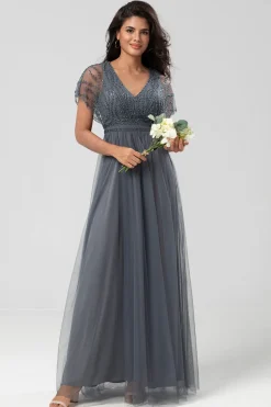 Epítome do Romance A-Line V Pescoço Eucalipto Vestido Longo Madrinha com Missangas