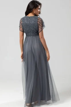 Epítome do Romance A-Line V Pescoço Eucalipto Vestido Longo Madrinha com Missangas