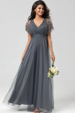 Epítome do Romance A-Line V Pescoço Eucalipto Vestido Longo Madrinha com Missangas