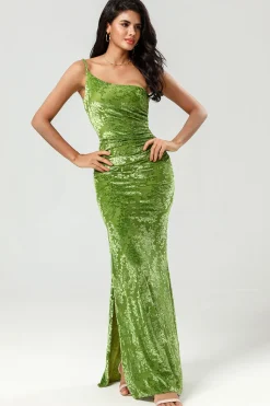 Epítome do romance Sereia Um Ombro Olive Velvet Vestido Madrinha
