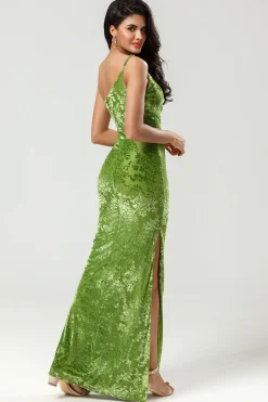 Epítome do romance Sereia Um Ombro Olive Velvet Vestido Madrinha