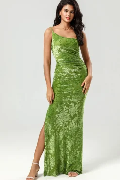 Epítome do romance Sereia Um Ombro Olive Velvet Vestido Madrinha