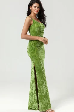 Epítome do romance Sereia Um Ombro Olive Velvet Vestido Madrinha