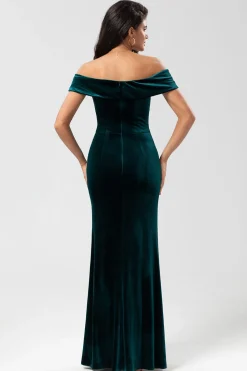 Epítome do romance Sereia fora do ombro Pavão vestido de dama de honra de veludo verde