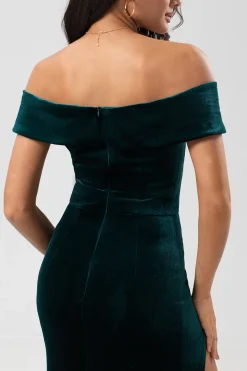 Epítome do romance Sereia fora do ombro Pavão vestido de dama de honra de veludo verde