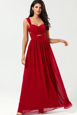 Epítome do romance Uma linha querida Borgonha vestido longo dama de honra com buraco de fechadura