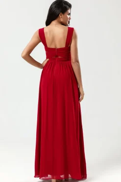 Epítome do romance Uma linha querida Borgonha vestido longo dama de honra com buraco de fechadura
