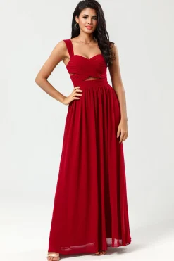 Epítome do romance Uma linha querida Borgonha vestido longo dama de honra com buraco de fechadura