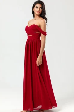 Epítome do romance Uma linha querida Borgonha vestido longo dama de honra com buraco de fechadura