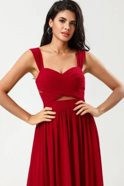 Epítome do romance Uma linha querida Borgonha vestido longo dama de honra com buraco de fechadura