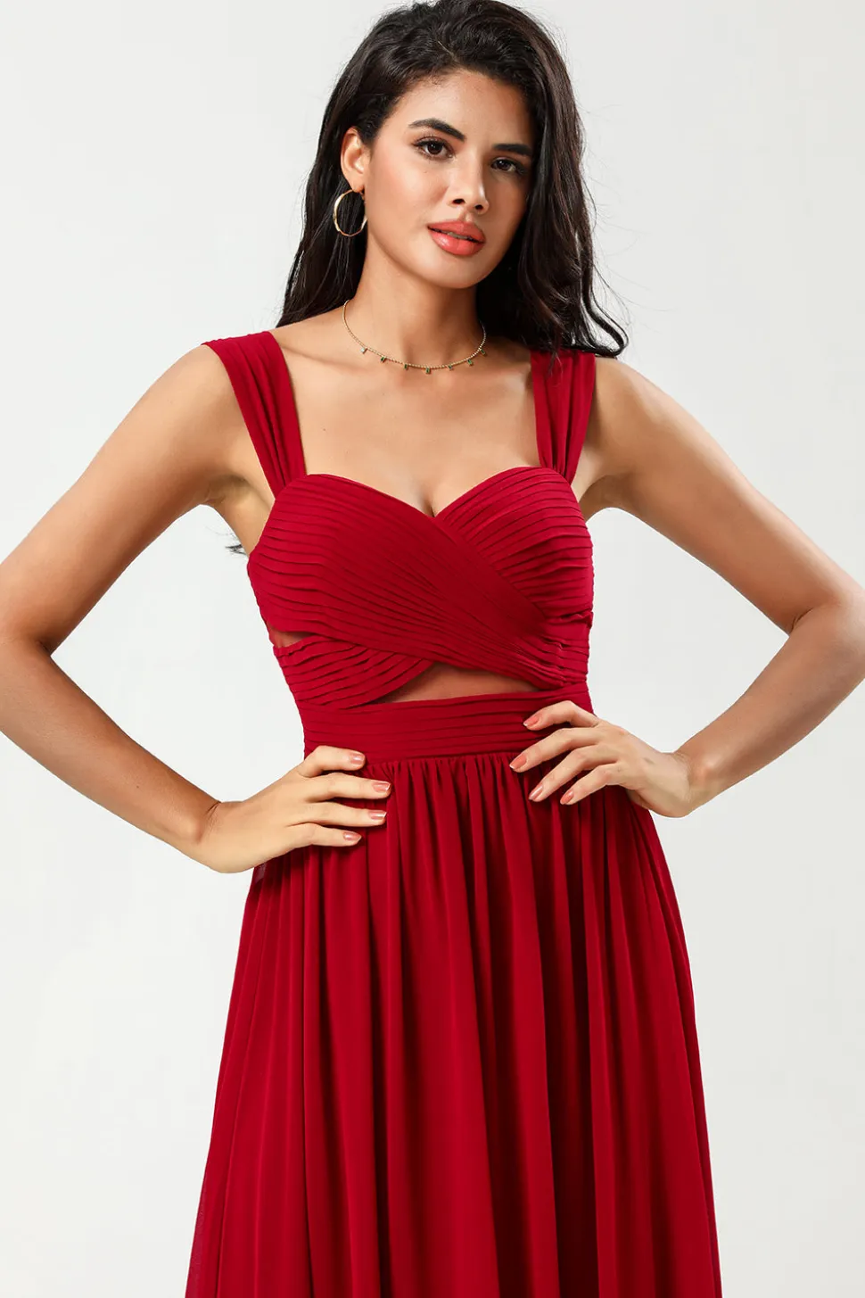 Epítome do romance Uma linha querida Borgonha vestido longo dama de honra com buraco de fechadura