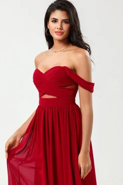 Epítome do romance Uma linha querida Borgonha vestido longo dama de honra com buraco de fechadura
