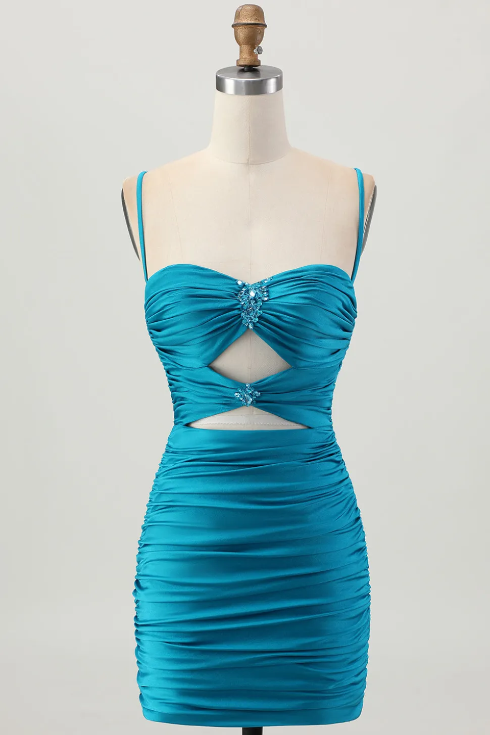 Escuro Khaki Ruched Cut-Out Tight Mini Homecoming Dress com renda para trás