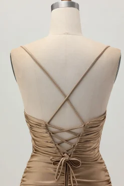 Escuro Khaki Ruched Cut-Out Tight Mini Homecoming Dress com renda para trás