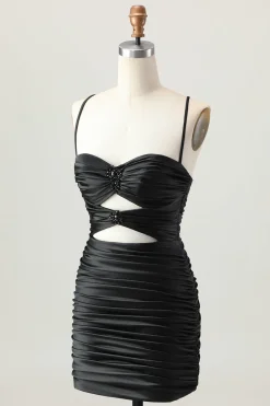 Escuro Khaki Ruched Cut-Out Tight Mini Homecoming Dress com renda para trás