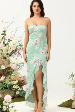 Espaghetti Correias Verde Vestido de Dama de Honra Estampado Floral