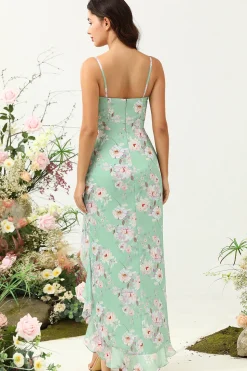 Espaghetti Correias Verde Vestido de Dama de Honra Estampado Floral
