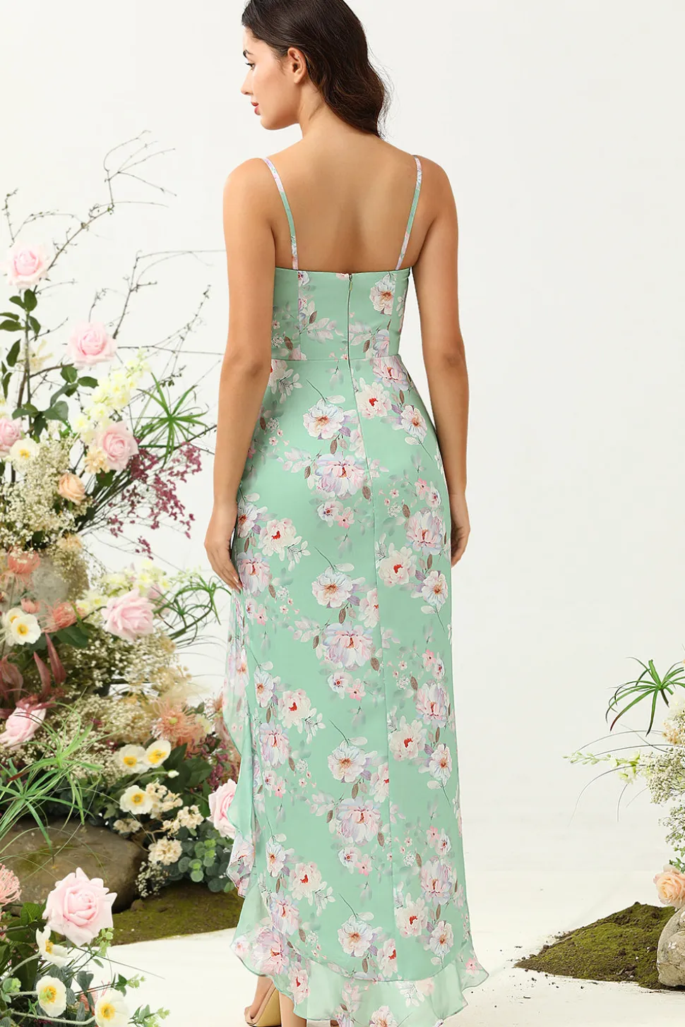 Espaghetti Correias Verde Vestido de Dama de Honra Estampado Floral
