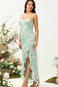Espaghetti Correias Verde Vestido de Dama de Honra Estampado Floral