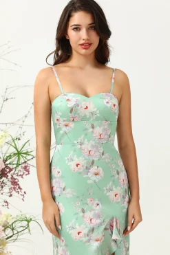 Espaghetti Correias Verde Vestido de Dama de Honra Estampado Floral