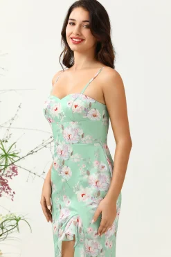 Espaghetti Correias Verde Vestido de Dama de Honra Estampado Floral
