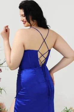 Espaguete Alças Azul Real Tamanho Grande Vestido de Festa
