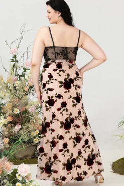Espaguete Alças Preto Floral Tamanho Grande Vestido de Festa