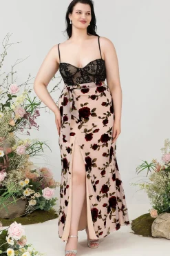 Espaguete Alças Preto Floral Tamanho Grande Vestido de Festa